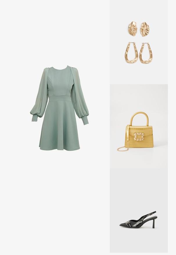 Mint zelena obleka z napihnimi rokavi, oprijetim bodijem in razširjenim krilom. Narejena iz gladkega blaga, z diskretnimi šivi in manšetami.; Črne patentne usnjene sandale s koničastim nosom, zankami okoli gležnja s srebrnimi sponkami in opremo ter vitkimi petami.; Rumeno usnjeno-usnje z vzorcem krokodila, s strukturiranim dizajnom, zgornjo ročajem, snemljivo verižico in dekorativnim kristalnim okrasjem na zaponki.; Zlato obarvani uhani z teksturiranimi, valovitimi oblikami. Vključujejo skulpturalne sponke za ušesa in odprto obliko obročka s kladivastim finišem.