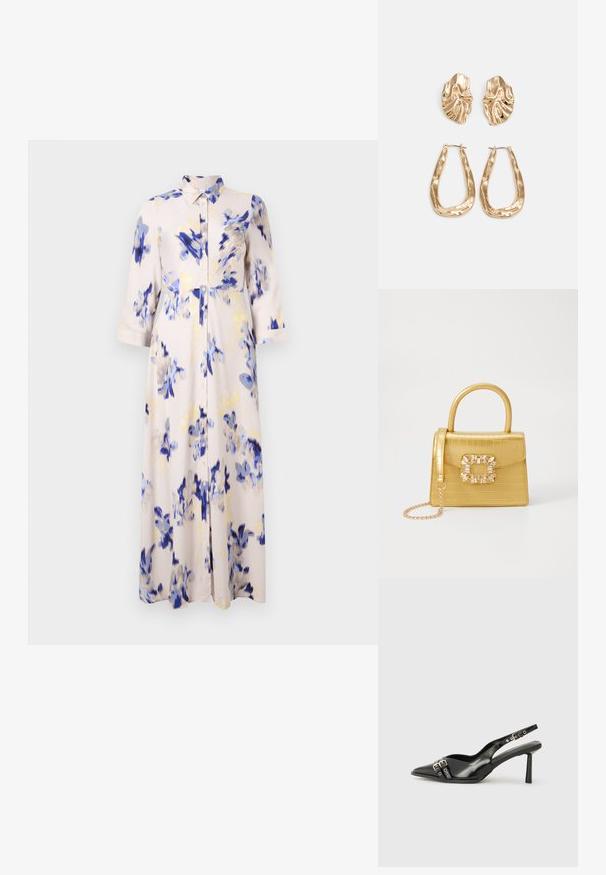 Gėlių ilga suknelė su mėlynomis ir geltonomis gėlėmis ant šviesaus fono, su mygtukais priekiniame dele ir apykakle.; Juodas lakuotas odinis batelis su smailiu pirštu, kulkšnies dirželiais su sidabrinėmis sagtimis ir detalėmis, bei plonu kulnu.; Geltonas dirbtinės krokodilo odos rankinukas su standžiu dizainu, viršutine rankena, nuimamu grandininiu dirželiu ir dekoratyviniu krištolo papuošimu ant užsegimo.; Auksinės auskarai, turintys tekstūruotus, bangų formos elementus. Įeina skulptūriniai segami auskarai ir atviri lankai su išmuštu paviršiumi.