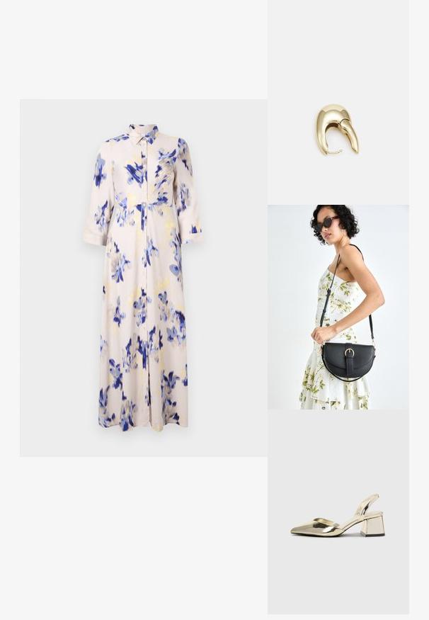 Vestido longo floral apresenta flores azuis e amarelas sobre um fundo claro, com frente abotoada e colarinho.; Sapatos de salto alto metálicos dourados, com biqueira em ponta e salto grosso. Textura suave, design minimalista e uma tira estreita.; Bolsa de couro preta com forma curva, alça destacável e detalhes em dourado. A bolsa possui uma aba com detalhe de fivela.; Brinco em metal dourado com um design elegante e curvo. Apresenta uma forma pontiaguda distinta, superfície polida e fecho por dobradiça.
