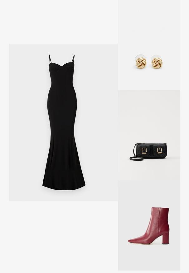 Sort, tætsiddende kjole med spaghetti-stropper og hjerteformet halsudskæring; glat tekstur, udvidet kant og ingen synlige mønstre eller udsmykninger.; Bordeaux læder ankelstøvle med spids tå, blokhæl og glat overflade, der har et strømlinet design uden synligt hardware.; Sort læder crossbody taske med to frontlommer, guldspænder, lynlåslukning og en slank rem. Struktureret overflade og kompakt rektangulær form.; Guldtonede knude-stud øreringe med et vredet design. Hver ørering har en cirkulær klar bagside for sikker brug.