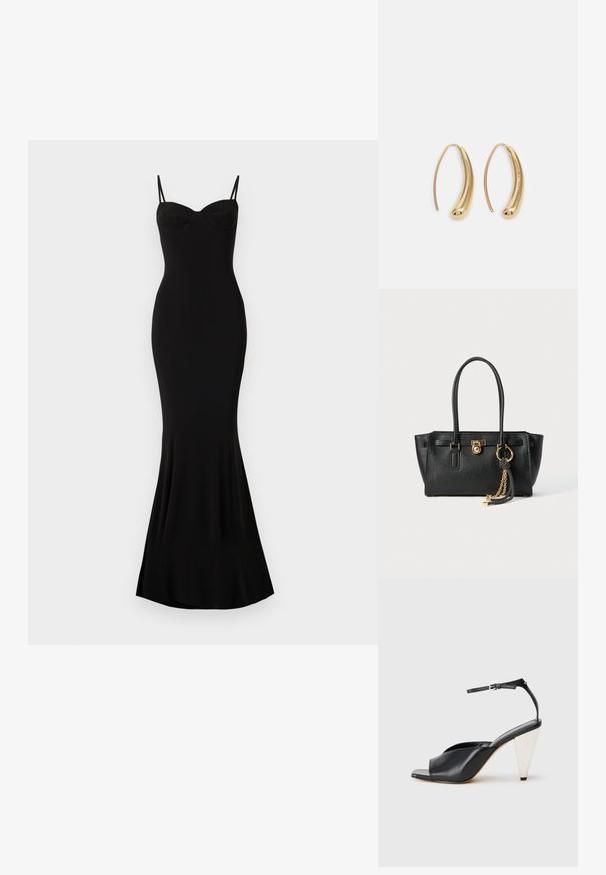Svart, tettsittende kjole med spaghetti-stropper og hjerteformet utringning; glatt tekstur, utsvingt kant, og ingen synlige mønstre eller dekorasjoner.; Svart lær høyhælte sandaler med åpen tå, asymmetrisk design, ankelstropp og en metallisk kjegleformet hæl. Glatt tekstur hele veien.; Svart lærveske med doble håndtak, gulllås og kjededetalj, samt svart-hvite duskdekorasjoner mot hvit bakgrunn.; Gullfargede metalløredobber med en buet, forlenget form. Har en jevn, blank overflate og en avrundet tupp for ekstra detaljer.