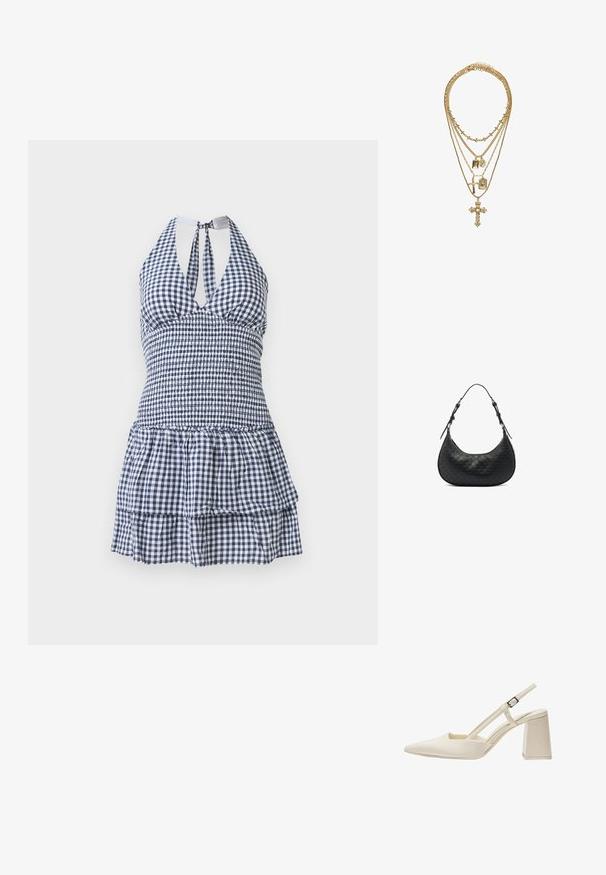 Suknja s karo vzorcem v mornarsko modri in beli barvi, z oprijetim trupom, halter vratom, odprtim hrbtom in večstopenjskim volančkom na robu.; Bež slingback čevlji s koničastim nosom, sijočo patentirano obdelavo, srednjim blokastim petam in nastavljivim trakom. Minimalistična zasnova z odprtimi stranmi.; Črna usnjena torba za ramo s koničasto obliko, embosiranim vzorcem in nastavljivim trakom. Gladke in teksturirane površine z elementi srebrne opreme.; Zlata večplastna ogrlica z različnimi dolžinami verig, okrasnimi obeski, ki vključujejo križe in pravokotne čare, z teksturirano površino.