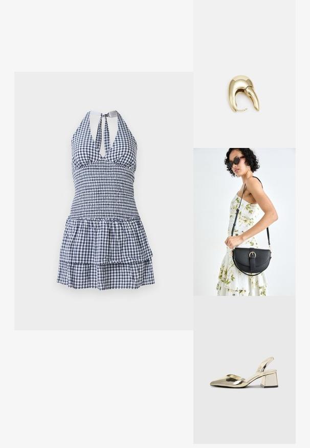Haljina na bretele s gingham uzorkom u tamnoplavoj i bijeloj boji, koja ima uski korzet, halter vrat, otvorena leđa i višeslojni volanasti rub.; Zlatni metalik slingback sandali s šiljatim vrhom i debelim potpeticama. Glatka tekstura, minimalistički dizajn i uski remen.; Crna kožna torba s lukovitim oblikom, odvojivim remenom i zlatnim detaljima. Torba ima preklop s kopčom.; Zlatne metalne naušnice s elegantnim, zakrivljenim dizajnom. Imaju karakterističan šiljast oblik, poliranu površinu i zatvaranje na šarku.