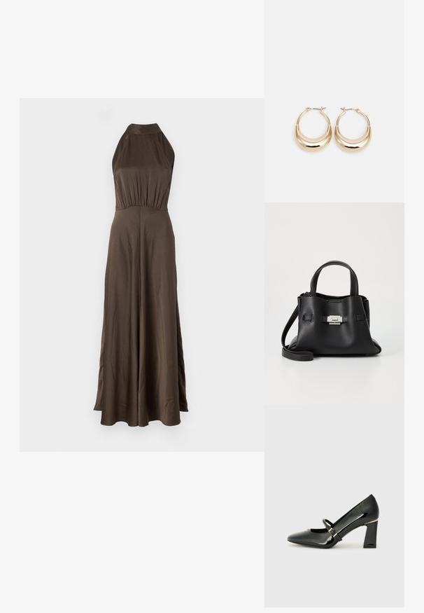 Rochie maxi maro cu guler halter, bust bine croit și fustă fluidă. Fabricată dintr-un material neted, ușor, cu un luciu subtil.; Pantofii cu toc înalt din piele patent neagră, cu vârful ascuțit, curea la gleznă și accent de aur la toc. Design cu toc pătrat.; Geantă de mână din piele neagră cu o finisare texturată, având două mânere superioare, o curea de umăr detașabilă și un detaliu cu închidere din argint.; Cercei tip hoop cu tonuri de aur, în formă de semilună, cu suprafață lustruită și închidere cu balama. Textură netedă și finisaj reflectant care îmbunătățesc vizibilitatea.