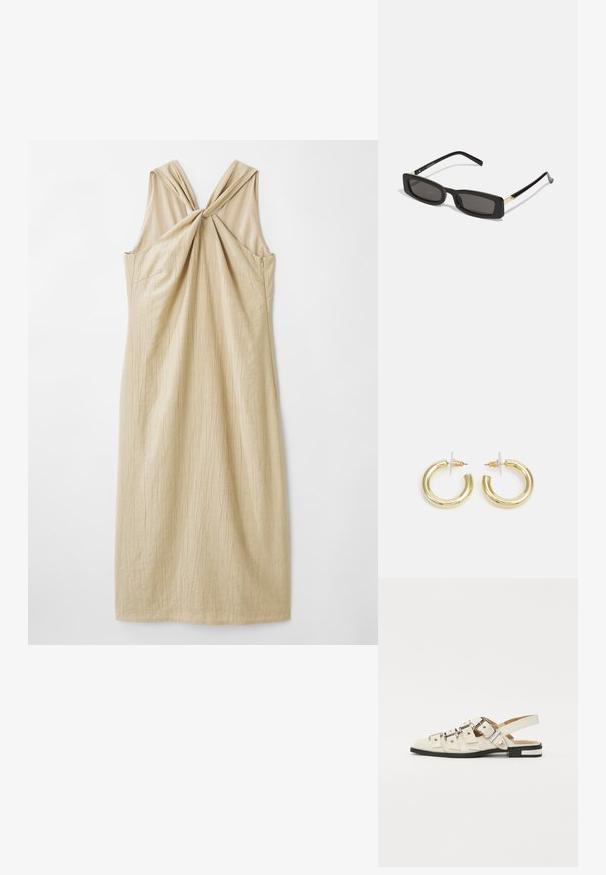 Vestido bege sem mangas com um design de costas atadas, feito de um tecido texturizado, apresentando uma silhueta reta e um corte até o joelho.; Sandálias slingback em couro branco com várias tiras largas e fivelas prateadas; sola plana com um pequeno salto preto e detalhes metálicos.; Óculos de sol retangulares pretos com lentes escuras, armações de plástico brilhante e detalhes em dourado nas templetas. Design minimalista e forma elegante.; Brincos em argola dourados com um acabamento liso e brilhante. Design circular com um pequeno pino e suporte transparente para um uso seguro.