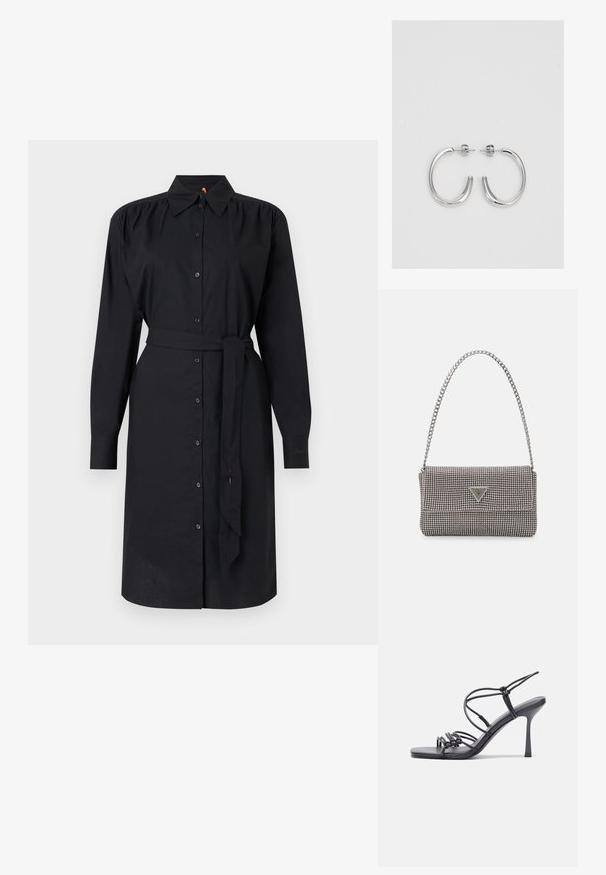 BOSS DELEGANT - Vestido camiseiro - black; As sandálias de salto alto pretas apresentam tiras finas com um design em nó, uma biqueira quadrada lisa e um elegante salto agulha.; Bolsa metálica cinza claro com uma alça de corrente, adornada com pequenos rebites metálicos circulares e um logótipo triangular da marca.; Brincos de argola prateados com um acabamento suave e brilhante. Forma arredondada, design leve, com fecho de pino.