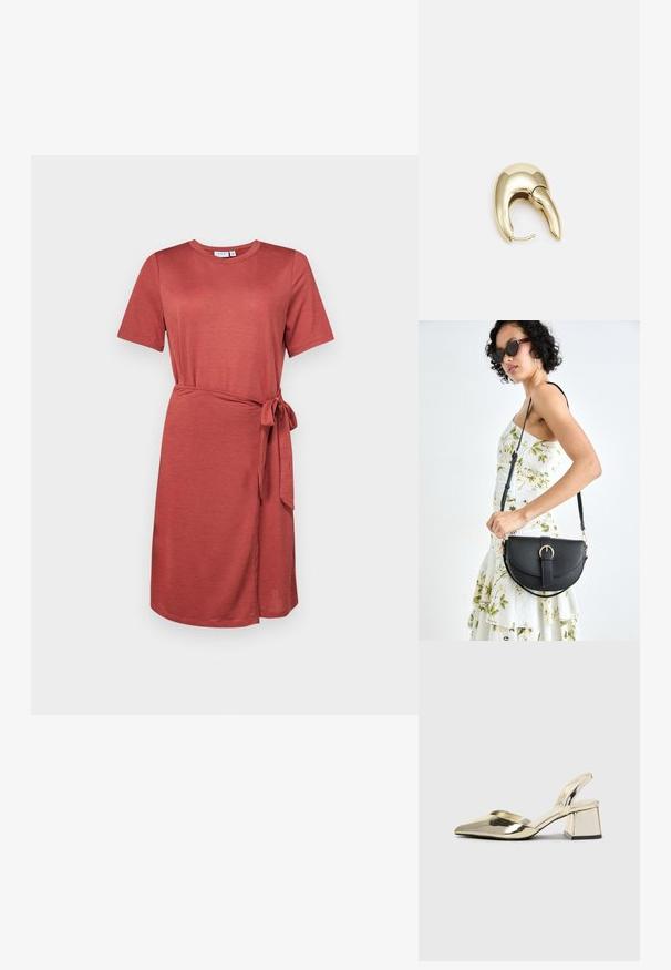Haljina boje hrđe napravljena od mekog materijala, s kratkim rukavima, okruglim izrezom, vezivanjem u struku i dizajnom do koljena.; Zlatni metalik slingback sandali s šiljatim vrhom i debelim potpeticama. Glatka tekstura, minimalistički dizajn i uski remen.; Crna kožna torba s lukovitim oblikom, odvojivim remenom i zlatnim detaljima. Torba ima preklop s kopčom.; Zlatne metalne naušnice s elegantnim, zakrivljenim dizajnom. Imaju karakterističan šiljast oblik, poliranu površinu i zatvaranje na šarku.