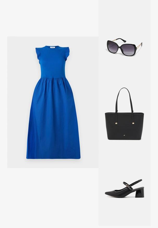 Rochie albastră cu un corset ajustat și mâneci scurte cu volane, trecând la o fustă volumină, plisată, dintr-un material neted.; Cizme cu toc slingback din piele sintetică lacuită neagră, cu vârful ascuțit, un design cu decupaj rotunjit și toc bloc. Include un accent cu cataramă de culoare aurie.; Ochelari de soare negri, supradimensionați, cu lentile degradate, rame groase și detalii cu lanț de ton auriu pe brațele templului.; Pungă tote neagră, fabricată din material sintetic, având un design simplu rectangular, accente aurii pătrate și mânere duble.