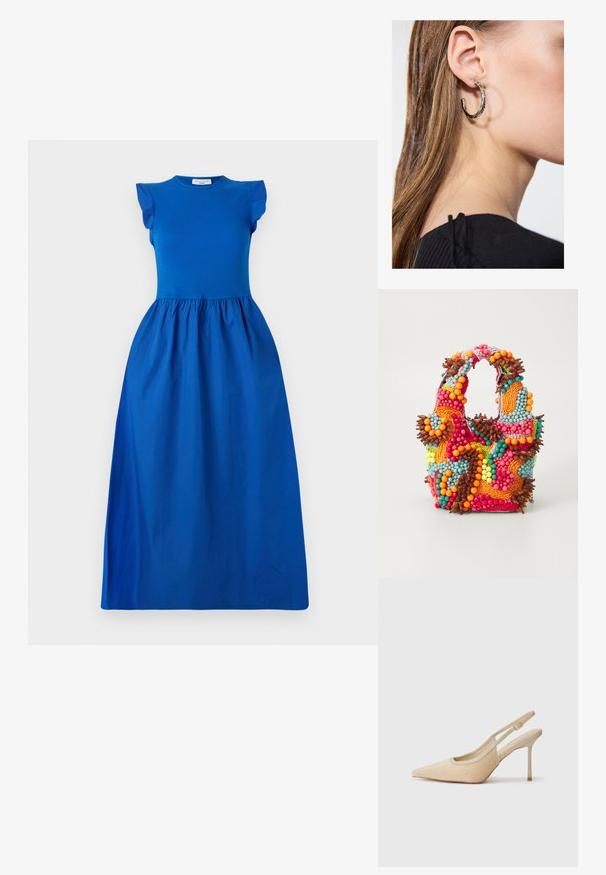 Sininen mekko, jossa on istuva bodice ja lyhyet röyhelöhihat, siirtyen volyymikkaaseen, kerättyyn hameeseen sileässä kankaassa.; Beige kiilukorkoiset avokkaat, joissa on terävä kärki, valmistettu teksturoidusta materiaalista, ohuella korolla ja säädettävällä hihnalla.; Käsiveski, mis on kaunistatud elavate värvidega: roosa, oranž, sinine ja pruun. Tekstuuriga pind ümmarguste helmed ja orgaanilised kujundid, vastupidavad käepidemed.; Hopea renkaankorvakoru kiiltävällä pinnalla, jossa on pieniä kultaisia yksityiskohtia ja pyöreä muoto, käytetty korvalla.