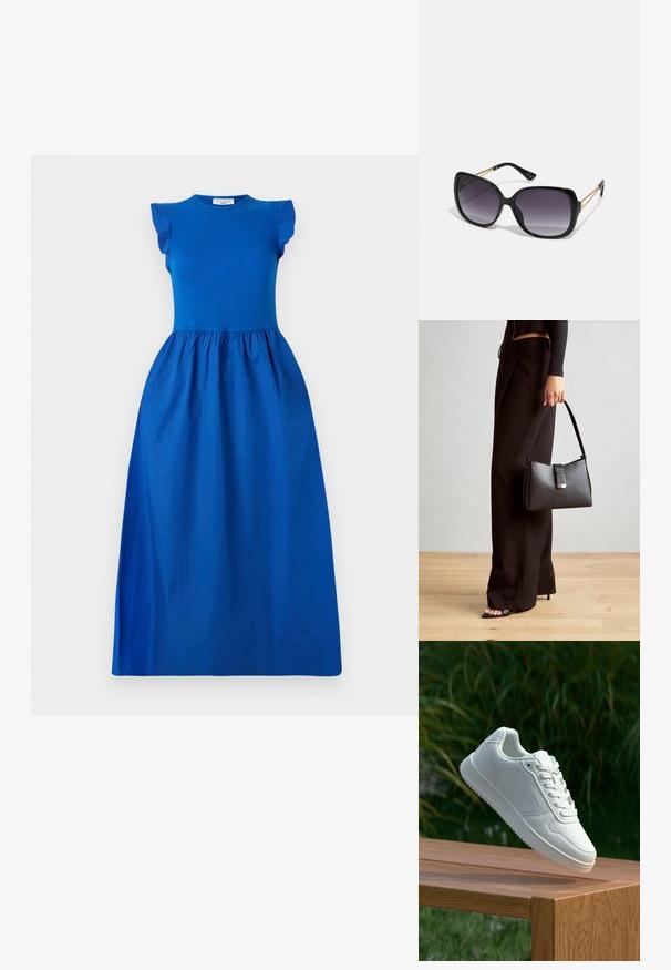 Blå klänning med en figursydd överdel och korta volangärmar, som övergår till en voluminös, rynkad kjol i ett slätt tyg.; Vita sneakers med en slät syntetisk ovandel, perforerat tåparti, platta snören och en strukturerad sula, placerade på en träyta.; Svarta överdimensionerade solglasögon med gradientlinser, tjocka bågar och kedjedetaljer i guldton vid tempelarmarna.; Svart handväska med strukturerad form, slät yta och metallspänne. Matchad med vida svarta byxor och sandaler med öppen tå på trägolv.