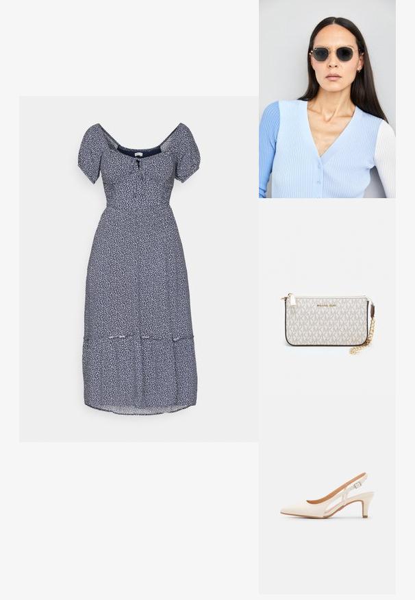 Tmavě modré květinové šaty s krátkými nafouknutými rukávy, čtvercovým výstřihem a detailem knoflíku vpředu. Šaty mají vrstvený design sukně.; Bílé lodičky na podpatku s špicatou špičkou, hladkým svrškem, nízkým blokovým podpatkem a designem s bočním výřezem se stahovací sponou.; Kulaté sluneční brýle s tmavými čočkami a zlatými rámy. Modelka má na sobě světle modrý žebrovaný kardigan s knoflíky a kontrastními bílými rukávy.; Kabelka na zápěstí Michael Kors v béžové potažené plátno s opakujícím se vzorem loga MK, zlatými kovovými doplňky a odnímatelným řetízkovým popruhem.