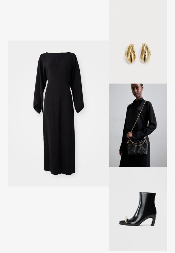 Czarna sukienka z długim rękawem o prostym kroju, z dekoltem łódkowym i miękką, gładką teksturą. Brak widocznych wzorów lub detali metalowych.; Czarne botki za kostkę wykonane z połyskującej skóry, z noskiem w kształcie szpica i dekoracyjnym złotym oraz srebrnym akcentem z przodu. Projekt słupkowego obcasa.; Czarna pikowana skórzana torebka z marszczonym topem, złotym łańcuchem oraz prostokątnym kształtem, trzymana na jednolitym tle.; Złote kolczyki o płynnej, zakrzywionej formie. Każdy kolczyk ma gładką powierzchnię i mały zapięcie z dekoracyjnym detalem.