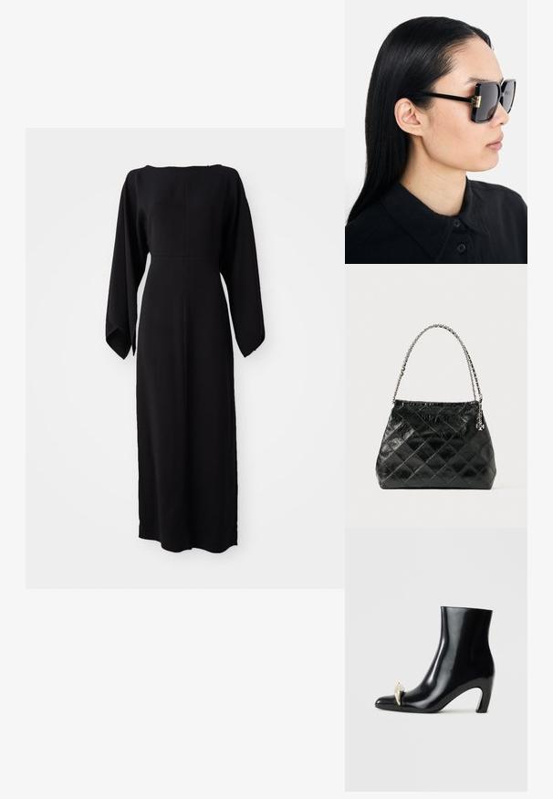 Svart långärmad klänning med rak snitt, med en båtformad halsringning och mjuk, slät textur. Inga synliga mönster eller hårdvarudetaljer.; Svarta ankelstövlar i glänsande läder, med spetsig tå och en dekorativ guld- och silverdetalj framtill. Blockklackdesign.; Tory Burch Solglasögon - black/dark grey; Svart quiltad läderhandväska med ett handtag i silverkedja, med en strukturerad design och slät yta.