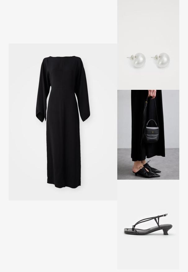 Schwarzes Langarmkleid mit geradem Schnitt, das über einen Bootsausschnitt und eine weiche, glatte Textur verfügt. Keine sichtbaren Muster oder Hardwaredetails.; Schwarze Leder-Sandale mit dünnen Riemen, niedrigem Blockabsatz und quadratischer Spitze. Sie verfügt über einen Schnallenverschluss und eine glatte Textur.; Kleine schwarze Ledertasche mit runder Form, Obergriff und abnehmbarem Riemen. Getragen zu einem schwarzen Stoffkleid und schwarzen plissierten Schuhen.; Silberne Perlenohrringe in geschwungener Bohnenform. Glatte, glänzende Oberfläche und mit einem Stecker- und Rückverschluss gesichert.