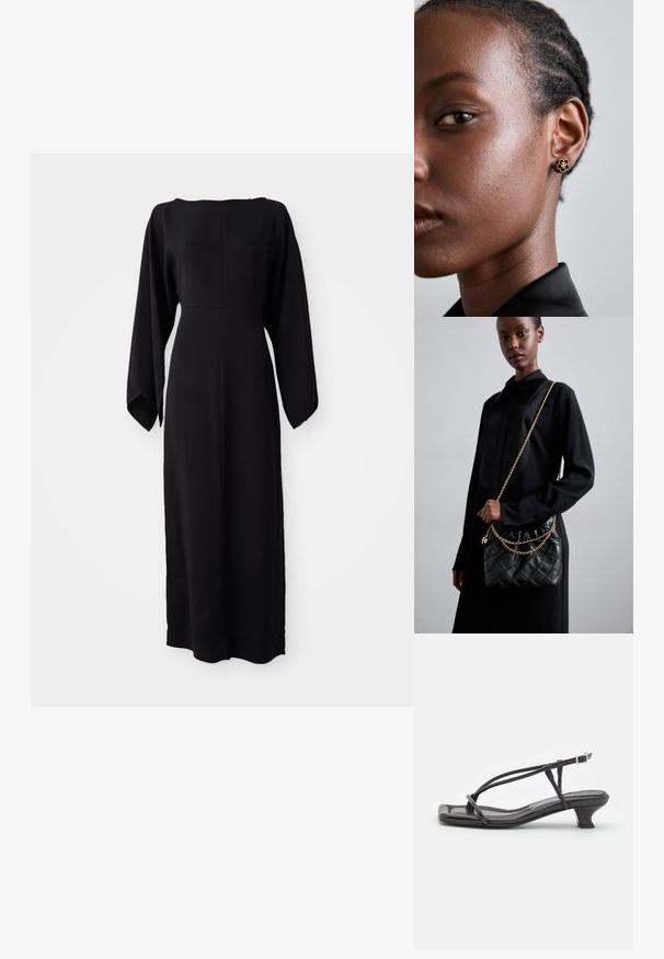 Vestido preto de manga longa com corte reto, apresentando um decote barco e uma textura suave e macia. Sem padrões visíveis ou detalhes em metal.; Sandal de couro preto com tiras finas, salto bloco baixo e biqueira quadrada. Apresenta um fecho de fivela e textura suave.; Bolsa de mão preta de couro acolchoado com uma parte superior franzida, alça de corrente dourada e forma retangular, sustentada contra um fundo liso.; Os brincos de flor em ouro apresentam um centro texturizado em preto e detalhes delicados. A pele clara da modelo e o seu cabelo trançado são visíveis de lado.