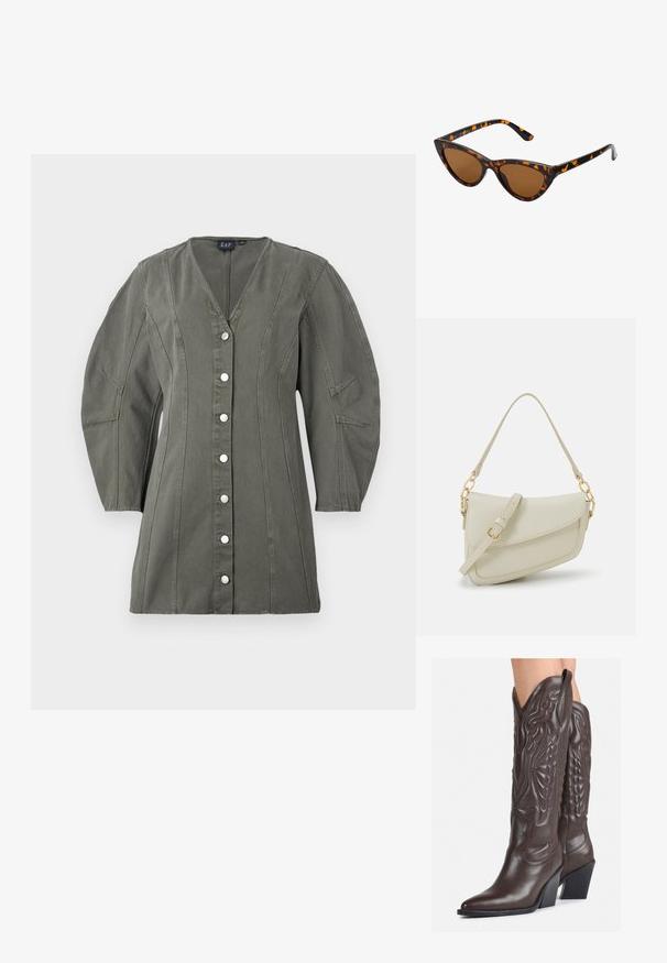 Olivově zelená sako na knoflíky s výstřihem do V, nabíranými rukávy a vertikálními švy. Obsahuje stříbrné knoflíky a má strukturovaný tvar.; Hnědé kožené kovbojské boty s špičatou špičkou a blokovým podpatkem, se zdobným prošíváním a vyvýšenými akcenty na nárazu.; Sluneční brýle ve stylu kočičích očí s černo-oranžovým želvovinovým rámem, hnědými skly a elegantními, špičatými konci. Obsahují minimalistické logo na straně.; Malá krémová kabelka s texturovaným povrchem, dlouhým nastavitelným popruhem, řetízkovým akcentem a klopou. Ozdobné detaily zlaté barvy.