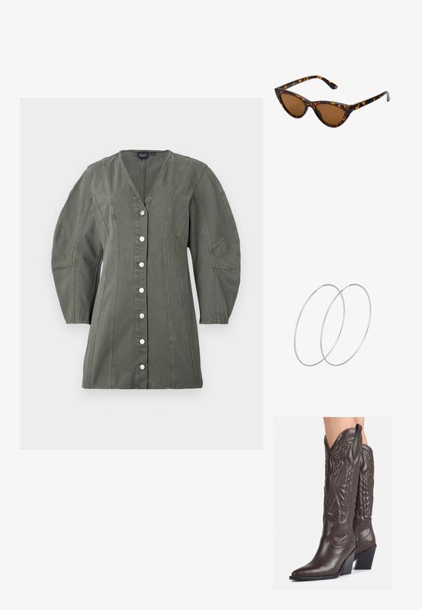 Olivno zeleni jopič z gumbi, z V-izrezom, nabranimi rokavi in navpičnimi šivi. Ima srebrne gumbe in strukturirano obliko.; Rjave usnjene kavbojske čevlje z ostrim nosom in blok peto, ki vsebujejo podrobno šivanje in dvignjene dodatke na zgornjem delu.; Mačje oči sončna očala z okvirom v črno-oranžni želvej ohišji, rjavimi lečami in elegantnimi, ostrimi konicami. Imajo minimalistični logo na ročaju.; Srebrne uhane v obliki obroča z minimalističnim dizajnom. Krožna oblika, gladka tekstura in tanek profil. Lahki s poliranim zaključkom.