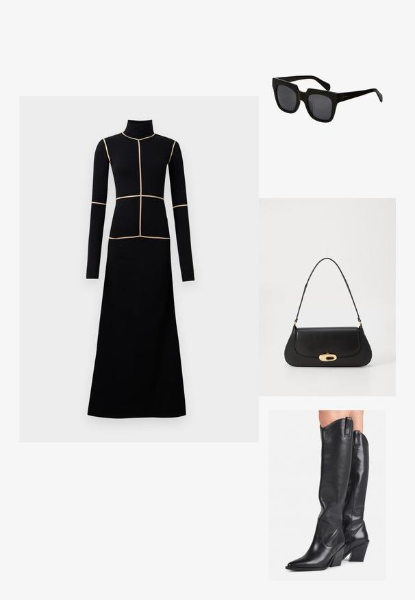 Rochie midi neagră cu mâneci lungi și guler fals, având detalii dintr-o țesătură crem în model de grilaj pe trunchi și fusta fluidă. Textura netedă a materialului.; Cizme negre din piele, până la genunchi, cu vârf ascuțit, ioni curbat și toc masiv. Au o textură netedă și bucle pentru a fi trase pe sus.; Ochelari de soare negri, cu lentile rectangulare și rame groase din plastic. Brațele sunt elegante, cu un finisaj lucios și un branding minim.; Geantă de mână din piele neagră, cu un design curbat, accesorii de culoare aurie și un mâner de sus. Dispune de o închidere elegantă și o textură netedă.