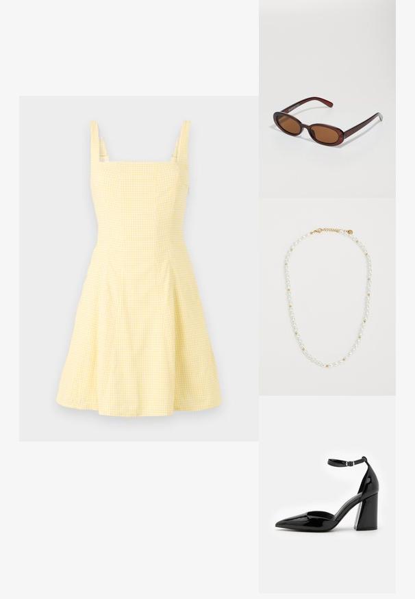 Keltainen ruutukuosisella mekolla, jossa on neliön muotoinen pääntie, ohuet olkaimet ja levenevä hame. Valmistettu kevyestä puuvillasekoitekankaasta.; Musta lakattu korkeakotoinen kenkä, jossa on teräväkärkinen muotoilu, nilkkaremmi ja leveä lohkare korko vakauden takaamiseksi. Kenkässä on sileä kiiltävä pinta.; Pyöreät, ruskehtavat aurinkolasit, joissa on kiiltävä burgundinpunainen runko. Kapeat sivut, joissa on hienovarainen brändäys. Litteät linssit.; Helminauha, jossa on vuorottelevia valkoisia soikeita helmiä ja pieniä kultasiemeniä, kultasulkimeen kiinnitettävä. Yleisvaikutelma on sileä.