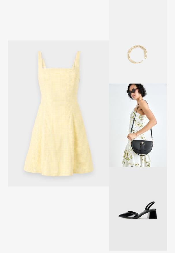 Yellow gingham dress with square neckline, thin shoulder straps, and flared skirt. Made of lightweight cotton blend fabric.; Black patent leather slingback heels with a pointed toe and a geometric block heel. Features a sleek, minimal design and smooth texture.; Black leather handbag with a curved shape, detachable strap, and gold hardware. The bag features a flap with a buckle detail.; Gold-tone ring featuring an organic, twisted design with smooth texture and tapered ends, creating a modern, sculptural appearance.