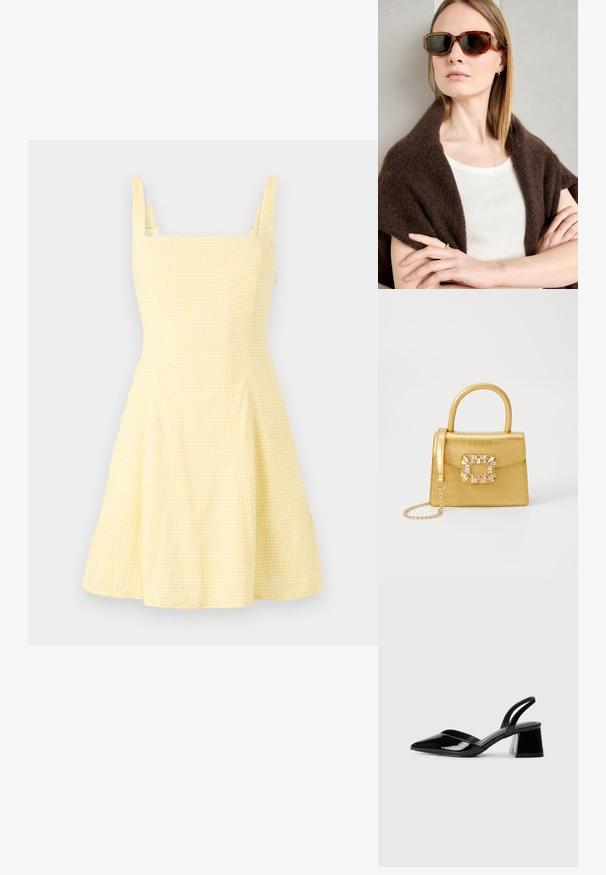 Geel geruite jurk met vierkante halslijn, dunne schouderbandjes en een uitlopende rok. Gemaakt van een lichte katoenmix.; Zwarte gepatineerde leren slingback hakken met een spitse neus en een geometrische blokhak. Kenmerkt zich door een slank, minimalistisch ontwerp en een gladde textuur.; Bruine schildpad zonnebril met hoekige monturen, donkere glazen en metalen accenten. Draagt een crèmekleurige top en een donkere sjaal.; Geel faux-krokodillenhandtas met een gestructureerd ontwerp, bovenhandvat, afneembare kettingriem en decoratieve kristallen versiering op de sluiting.