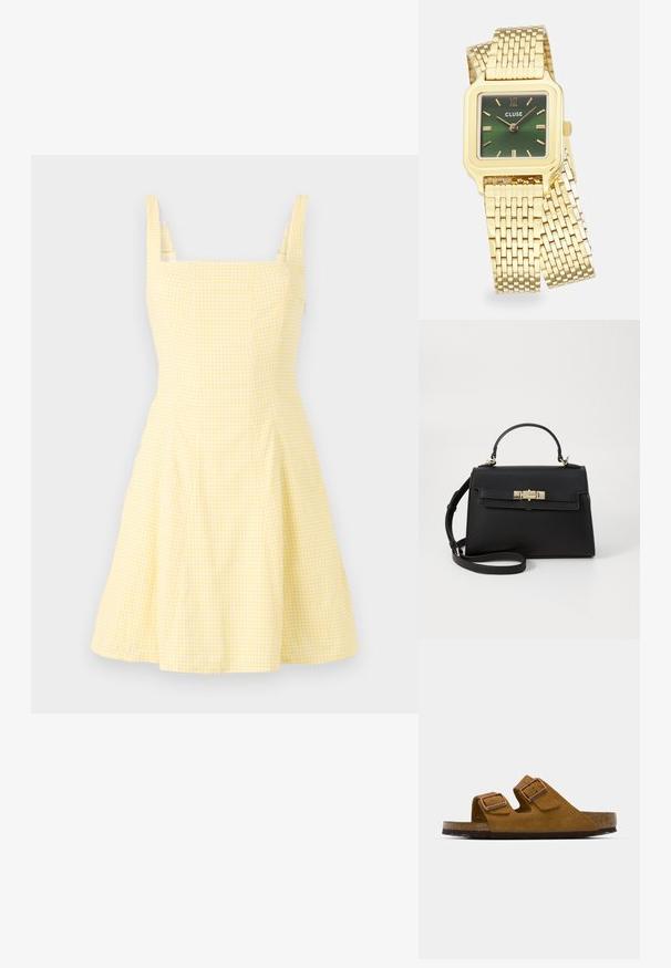 Żółta sukienka w kratkę z kwadratowym dekoltem, cienkimi ramiączkami i rozkloszowanym dołem. Wykonana z lekkiej mieszanki bawełny.; Brązowe zamszowe sandały z dwoma regulowanymi klamrami, korkową wkładką i teksturowaną gumową podeszwą. Otwarty palec i projekt slip-on dla wygody.; Czarna skórzana torebka o wyraźnej strukturze, z górnym uchwytem, odpinanym paskiem na ramię oraz złotymi dodatkami. Posiada zapięcie na klamrę z przodu.; Złoty kwadratowy zegarek na nadgarstek z zieloną gradientową tarczą, złotymi znacznikami godzin i bransoletą z siatki. Nazwa marki "CLUSE" widnieje na tarczy.; Złote kolczyki w kształcie węzła z twisted design. Każdy kolczyk posiada okrągłe, przezroczyste oparcie zapewniające pewność noszenia.