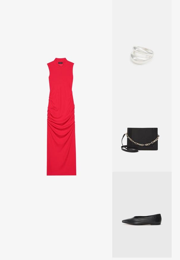 Rotes, ärmelloses Maxikleid aus geripptem Stoff mit Raffung an den Seiten, hoher Kragen und schlanker Silhouette.; Schwarze Leder-Balletschuhe, spitze Zehenform, minimalistische Gestaltung, glatte Textur, niedriger Absatz, keine sichtbaren Beschläge oder Verzierungen.; Schwarze Leder-Crossbody-Tasche mit glatter Textur, rechteckiger Form und metallic-kettendetail auf der Vorderseite. Verstellbarer Gurt inklusive.; Silberner Doppelring mit einer glatten, polierten Oberfläche. Verfügt über ein fließendes, kurviges Design mit überlappenden Abschnitten für einen modernen Look.
