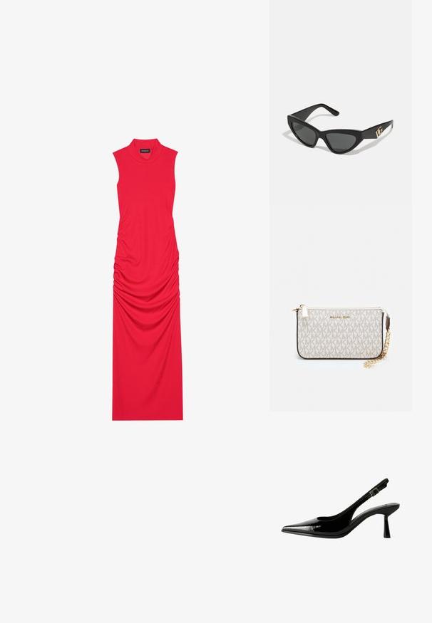 Piros, ujjatlan maxi ruha, bordázott anyagból, az oldalain ráncolt részletekkel, magas nyakkivágással és karcsú szilhuettel.; Fekete lakk bőr slingback pumpa hegyes orral, kivágott oldalakkal, állítható boka pánttal és vékony, elegáns sarkával.; Macska szemformájú napszemüveg matt fekete műanyag kerettel, sötét lencsékkel és arany logóval a szárán. Szögletes kialakítás és sima felület.; Michael Kors bézs bevonatos vászon karkötő, amely ismétlődő MK logó mintával, aranyszínű fémrészletekkel és levehető lánchordóval rendelkezik.