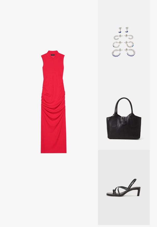 Rochie maxi roșie fără mâneci, confecționată dintr-un material ribbed, cu detalii pliate pe laterale, având un gât înalt și o siluetă elegantă.; Sandal cu barete negre, cu vârf pătrat și toc mic de bloc. Prezintă mai multe barete subțiri și o bareta ajustabilă la gleznă. Fabricat din piele netedă.; Geantă tote din piele neagră cu textură netedă, formă structurată, două mânere și un detaliu proeminent din aliaj de argint pe partea din față.; Set de șase cercei din metal de culoare argintie. Include modele cu știfturi și cercuri, decorate cu pietre prețioase albastre și transparente, variind în dimensiune și formă.