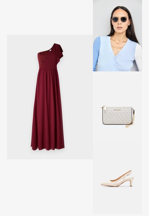 Rochie maxi bordeaux, cu un umăr, cu sabot din dantelă, fustă fluidă și mânecă cu volane. Material neted cu o talie ajustată.; Sandaie cu toc alb, cu vârful ascuțit, material superior neted, toc mic tip bloc și design cu decupaj lateral, cu curea ajustabilă.; Ochelari de soare rotunzi cu lentile întunecate și rame aurii. Modelul poartă un cardigan ribbed de culoare albastru deschis cu nasturi și mâneci albe în contrast.; Clutch Michael Kors din canva acoperit bej, cu un model repetitiv al logo-ului MK, accesorii din aur și o curea cu lanț detașabil.