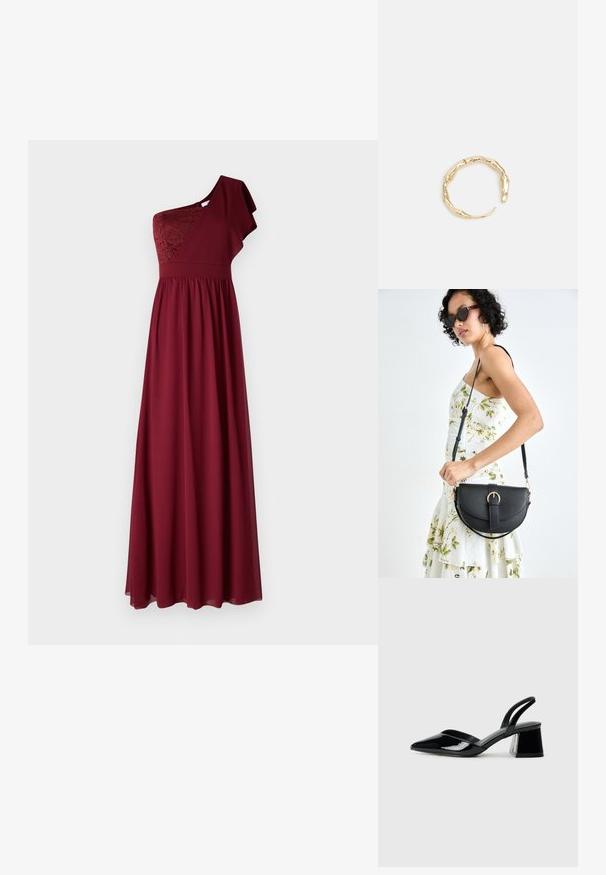 Bordo vienos peties maksi suknelė su nėriniuotu korpusu, plazdančia sijona ir raukšlėta rankove. Lygi medžiaga su prigludusia juosmens linija.; Juodos lakuotos odinės šlepetės su smailiu pirštu ir geometriniu bloko kulnu. Turi elegantišką, minimalistinį dizainą ir lygų paviršių.; Juodas odinis krepšys su išlenkta forma, nuimamu dirželiu ir auksiniais detalėmis. Krepšys turi kilpą su sagtimi.; Auksinės spalvos žiedas, turintis organišką, sukimosi dizainą su lygiu paviršiumi ir siaurėjančiais galais, sukuriantis modernią skulptūrinę išvaizdą.