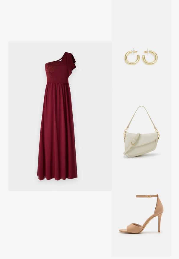 Rochie maxi bordeaux, cu un umăr, cu sabot din dantelă, fustă fluidă și mânecă cu volane. Material neted cu o talie ajustată.; ALDO CRERIDE PILLOW WALK - Sandale - beige; Geantă mică de crem cu un finisaj texturat, curea lungă și ajustabilă, accent cu lanț și închidere cu clapetă. Detalii din hardware aurie.; Cercei cercuri din aur cu un finisaj neted și strălucitor. Design circular cu un mic suport și un spate transparent pentru o purtare sigură.