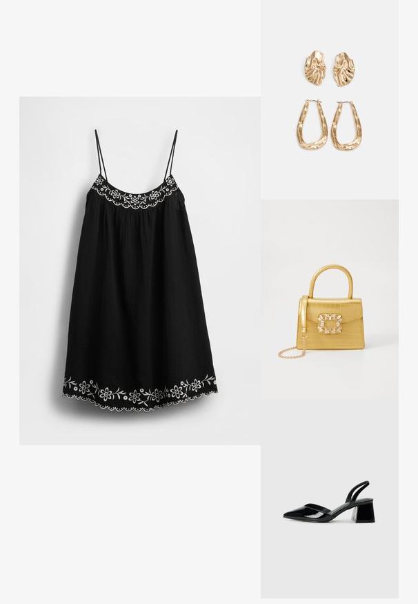 Vestido preto de verão com alças finas ajustáveis, decorado com bordado floral branco e barra recortada na parte inferior. Tecido texturizado.; Sandy em verniz preto com salto slingback, ponta afilada e salto geométrico. Apresenta um design elegante e minimalista com textura suave.; Bolsa amarela em pele de crocodilo falsa, com um design estruturado, pega no topo, alça de corrente removível e decoração de cristal no fecho.; Brincos em tom de ouro com formas onduladas e texturizadas. Inclui studs escultóricos com presilha e um design de argola aberta com um acabamento martelado.