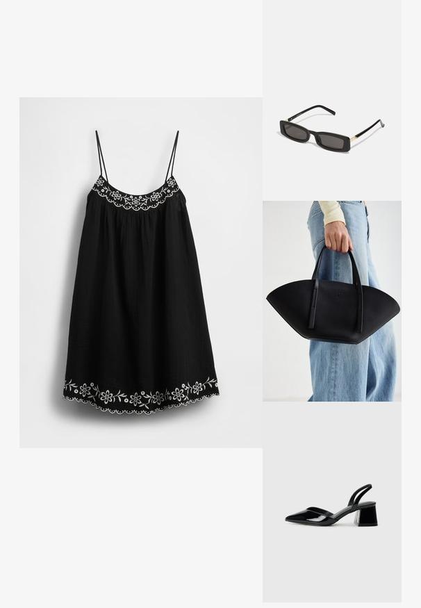 Vestido preto de verão com alças finas ajustáveis, decorado com bordado floral branco e barra recortada na parte inferior. Tecido texturizado.; Sandy em verniz preto com salto slingback, ponta afilada e salto geométrico. Apresenta um design elegante e minimalista com textura suave.; Óculos de sol retangulares pretos com lentes escuras, armações de plástico brilhante e detalhes em dourado nas templetas. Design minimalista e forma elegante.; Bolsa de mão em couro preto com uma forma única em leque, apresentando alças planas. A superfície tem uma textura pebble e um design minimalista.