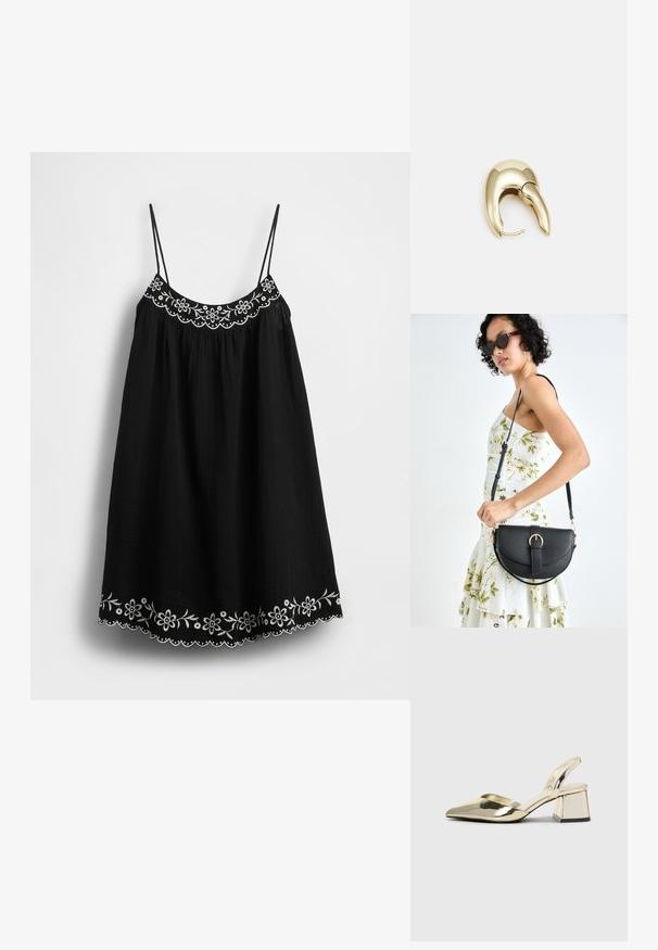 Črna sončna obleka z nastavljivimi tankimi naramnicami, ki ima belo cvetlično vezenje in valovit rob ob spodnji meji. Teksturirana tkanina.; Zlati, kovinski slingback čeveljci z ostrim nosom in masivnim peto. Gladka tekstura, minimalistična zasnova in ozka zanka.; Črna usnjena torbica s ukrivljeno obliko, z odstranljivo naramnico in zlatimi dodatki. Torbica ima pokrov s podrobnostmi v obliki zaponke.; Uhane nakit iz zlatastega tona z gladko, ukrivljeno zasnovo. Ima edinstveno koničasto obliko, polirano površino in zaponko s tečajem.