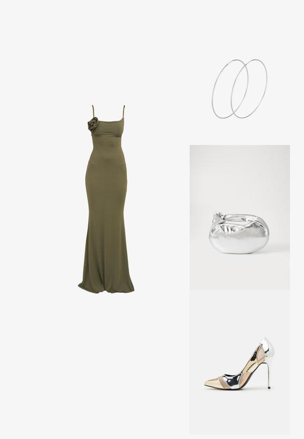 Olivi vihreä, istuva maksi mekko ohuiden hihnojen kanssa ja kukkakoriste vasemmalla puolella. Pehmeä, joustava kangas sileällä pinnalla.; Korkokenkät, joissa on terävä kärki ja hopea, kultainen sekä nude-väriyhdistelmä. Kiiltävä pinta ja leikkausdesign, varustettuna stikettikorkealla.; Hopeapintainen metallinen pussilaukku, jolla on pehmeä, pyöreä muoto ja solmittava yläosa. Valmistettu sileästä tekonahkamateriaalista.; Hopehope hopeilla, joissa on minimalistinen muotoilu. Pyöreä muoto, sileä pinta ja ohut profiili. Kevyet ja kiillotetut.