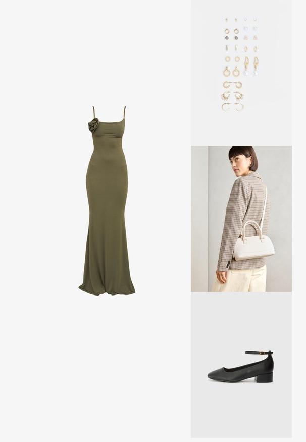Olivenfarget, tettsittende maxikjole med tynne stropper og blomsterdetaljer på venstre side. Mykt, elastisk stoff med en jevn tekstur.; Sorte skinnpumper med spiss tå og lav blokkhelt. Har ankelrem med gullfarget spenne. Glatt tekstur.; Hvit strukturert håndveske med korte håndtak og skulderreim, med detaljer i gullfinish og teksturert materiale, vist mot en grå bakgrunn.; Sett med gullfargede øredobber med ulike design, inkludert stikkere, hoops og hengende deler med perler og rhinestones.