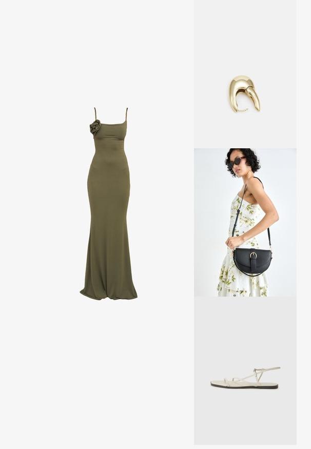 Olive zelena, prilegajoča maxi obleka z tankimi naramnicami in cvetličnim naglasom na levi strani. Mehka, raztegljiva tkanina z gladko teksturo.; Beige ravne sandale z več tankimi trakovi in nastavljivim zaponcem. Podplat je raven z rahlo temnim kontrastom na robu.; Črna usnjena torbica s ukrivljeno obliko, z odstranljivo naramnico in zlatimi dodatki. Torbica ima pokrov s podrobnostmi v obliki zaponke.; Uhane nakit iz zlatastega tona z gladko, ukrivljeno zasnovo. Ima edinstveno koničasto obliko, polirano površino in zaponko s tečajem.