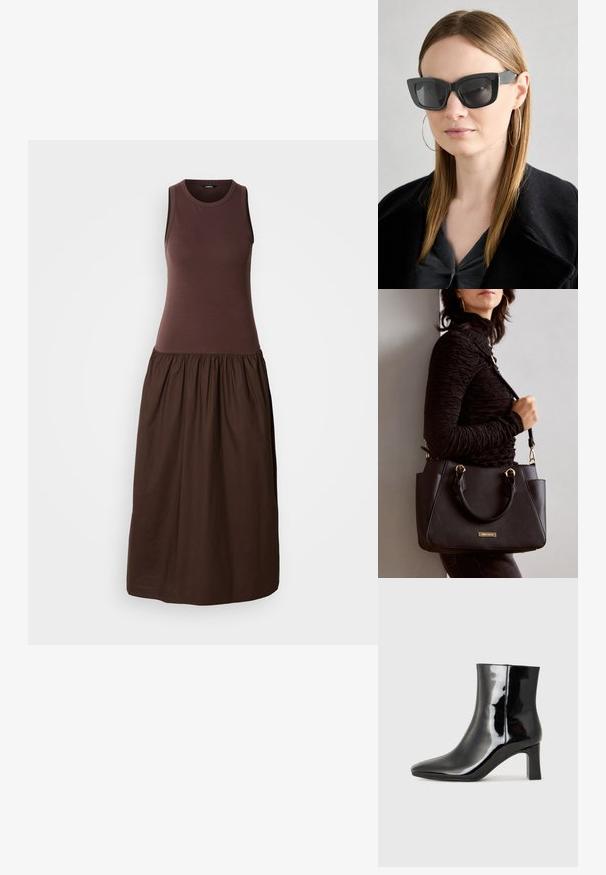 Vestido marrón sin mangas con parte superior ajustada y falda fluida y fruncida. Hecho de una tela suave con una textura lisa.; Botín de charol negro con punta afilada y un tacón de bloque de altura media. Textura suave y diseño minimalista.; Gafas de sol de gato negro con lentes oscuros, montura gruesa y acentos sutiles. Llevadas con un abrigo negro y una blusa gris, presentando cabello largo y liso.; Bolso negro con superficie texturizada, doble asa superior y correa para hombro ajustable. Presenta herrajes en tono dorado y bolsillos laterales.
