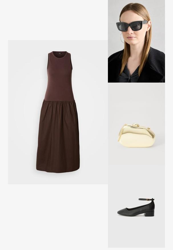 Brun uten ermer kjole med en tettsittende topp og flytende, samlet skjørt. Laget av mykt stoff med en jevn tekstur.; Sorte skinnpumper med spiss tå og lav blokkhelt. Har ankelrem med gullfarget spenne. Glatt tekstur.; Sorte katteøyne solbriller med mørke linser, tykke rammer og subtile detaljer. Båret med en svart frakk og grå topp, med langt, rett hår.; Metallisk gull clutch med en glatt, rund form, med en toppknapp-lås og et lite kjede for bæring.