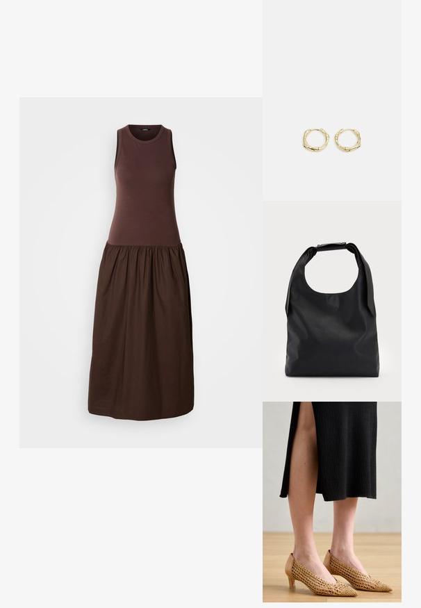 Braunes ärmelloses Kleid mit einem eng anliegenden Oberteil und einem fließenden, gerafften Rock. Hergestellt aus weichem Stoff mit glatter Textur.; Spitze Schuhe mit einem gewebten goldenem Netzobermaterial, beigem Leder-Schuhsohle und kleinem Absatz, vor einem Holzboden und einem schwarzen gerippten Kleid.; Schwarze Leder-Hobo-Tasche mit einem einzelnen, weichen, abgerundeten Griff; verfügt über eine glatte Textur und ein minimalistisches Design. Keine sichtbaren Beschläge oder Akzente.; Goldene Creolen mit einer strukturierten, unregelmäßigen Form. Sie verfügen über einen nahtlosen Verschluss und eine polierte Oberflächenbehandlung, die ein modernes Design betont.