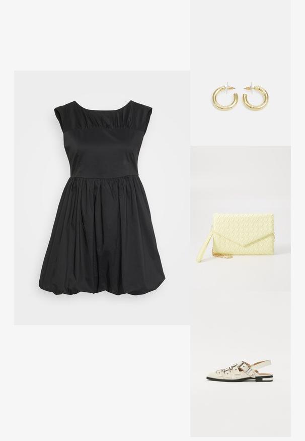 Čierne šaty s priliehavým telom, krátkymi rukávmi a plnou, nariadenou sukňou. Vyrobené z hladkej látky s jemným leskom. Žiadne viditeľné vzory.; Sandalové topánky so zapínaním vzadu z bielej kože s viacerými širokými popruhmi a striebornými prackami; plochá podrážka s malým čiernym podpätkom a metalickými akcentmi.; Žltý tkaný clutch peňaženka s preklápacím dizajnom, odnímateľným zápästným remienkom a zlatým reťazovým doplnkom. Hladký povrch a obdĺžnikový tvar.; Zlaté kruhové náušnice s hladkým, lesklým povrchom. Cirkulárny dizajn s malým steblom a jasným záznamom pre bezpečné nosenie.