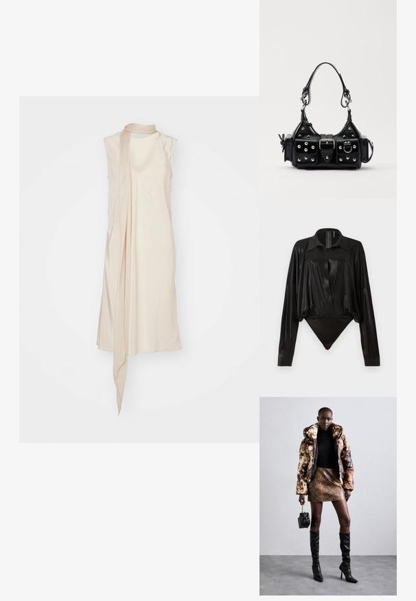 Helmut Lang SCARF - Day dress - oat; Black bodysuit with long sleeves, V-neck, and a fitted silhouette. Made of shiny, smooth fabric with a structured collar and cuffs.; Puffer jacket with a brown and black pattern, paired with a brown snake print mini skirt, black knee-high boots, and a small black bag.; Black leather handbag with a curved design, featuring silver studs, a buckle, and two side pockets. Adjustable strap for carrying options.