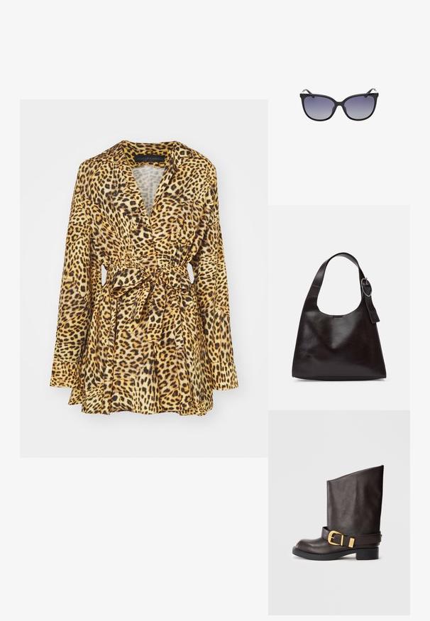Wickelkleid mit Leopardenmuster in Gelb- und Brauntönen. Mit langen Ärmeln, einem gebundenen Taillengürtel und einer ausgestellten Silhouette. Weicher Stoff. ; Dunkelbraune Lederstiefelette bis zur Wade mit schwarzer Sohle, niedrigem Absatz und dekorativem goldenen Schnallenriemen um den Knöchel, seitlich dargestellt.; Schwarze Cat-Eye-Sonnenbrille mit Verlaufslinsen, ausgestattet mit einem glatten Kunststoffrahmen und dezenten metallischen Akzenten an den Bügeln.; Braune Lederumhängetasche mit glatter Textur, runder Form, breitem Tragegurt und metallischem, kreisförmigem Akzent am Griff.