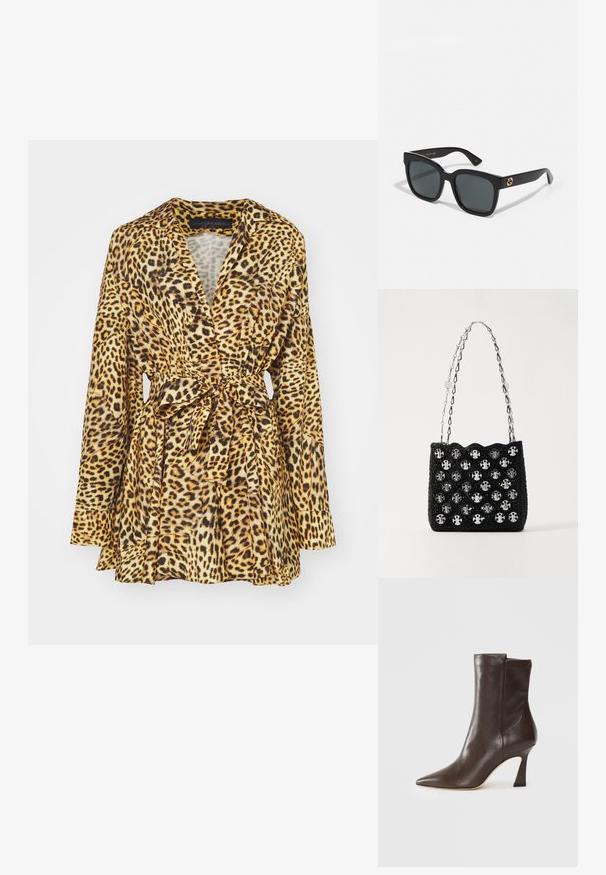 Leopardų rašto apvyniojama suknelė geltonos ir rudos spalvų atspalviuose. Turi ilgus rankovėmis, kaklaraištį juosmenyje ir platėjančią siluetą. Minkšta audinio tekstūra.; Tamsiai ruda odinė auloilžio batai su smailiu nosiu, išlenktu plonu kulnu ir lygiu paviršiumi ant balto fono.; Juodos saulės akinių rėmeliai su stačiakampiais objektyvais, pasižymintys blizgiu paviršiumi ir auksinėmis logotipo detalėmis šventyklose. Tamsiai pilki objektyvai suteikia UV apsaugą.; Rabanne Rankinė - black/silver; Nedidelis nereguliarus ovalo formos aukso tono metalinių auskarų pora su tekstūruota, šiek tiek kalta paviršiumi ant balto fono.