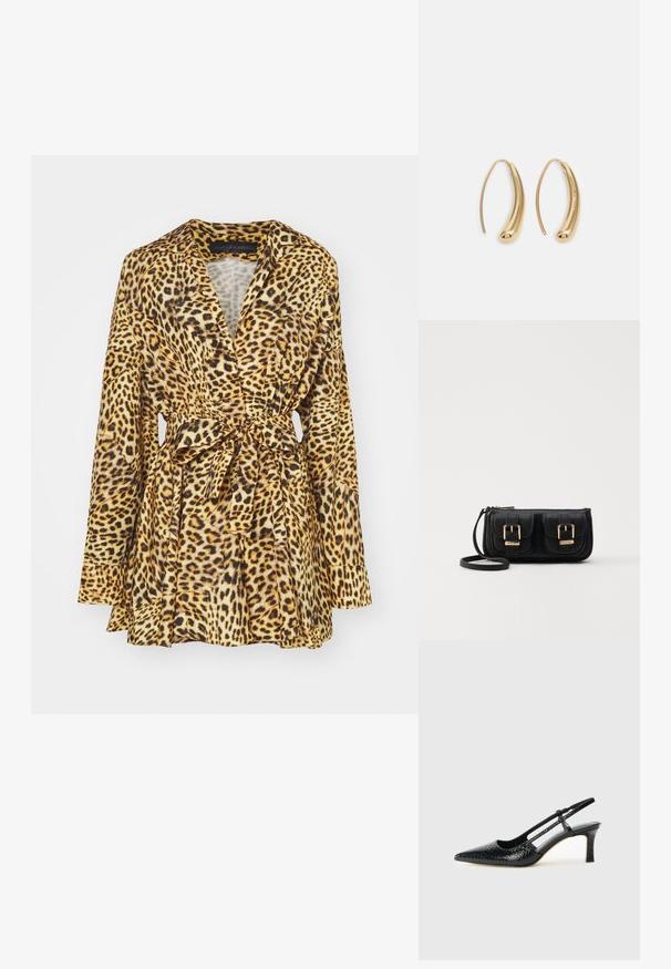 Gepardmønstret omslagskjole i nyanser av gult og brunt. Har lange ermer, knyteliv og en svakt utvidet silhuett. Myk stofftekstur.; Sorte patent slingback hæl med spids tå, featuring tekstureret slangeskind, justerbar rem og en kort, tekstureret blokhæl.; Svart skinn crossbody veske med to frontlommer, gyldne spenner, glidelåslukking og en slank stropp. Teksturert overflate og kompakt rektangulær form.; Gullfargede metalløredobber med en buet, forlenget form. Har en jevn, blank overflate og en avrundet tupp for ekstra detaljer.