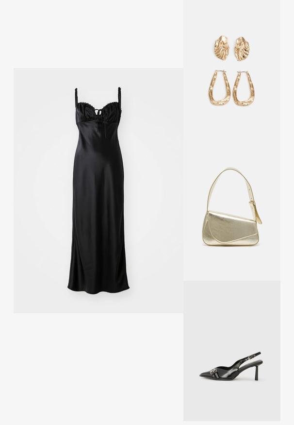 Fekete szatén maxi ruha, testhez simuló felsőrésszel, fodros csipke díszítéssel, állítható spagettipántokkal és elöl megkötős részletekkel.; Fekete lakk bőr, hegyes orrú slingback cipő, boka pántokkal, ezüst csatokkal és hardverelemekkel, valamint karcsú sarkú.; Arany fémes kézi táska, strukturált dizájnnal, sima felülettel és állítható pánttal. Egyedi háromszög alakú, minimalistának mondható varrásokkal rendelkezik.; Aranyszínű fülbevalók, texturált, hullámos formákkal. Tartalmazza a szobrászati klipszes studokat és az open hoop kialakítást, kalapácsos felülettel.