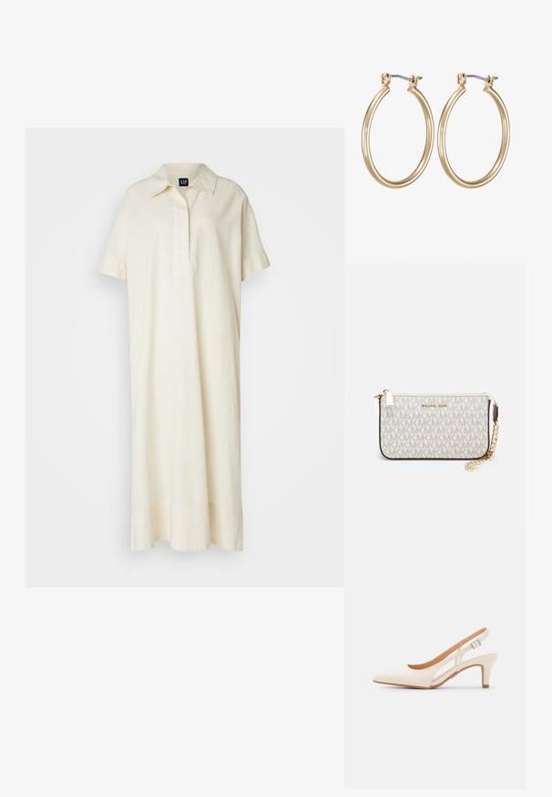 Kratka rokavi, ovratnika obleka iz lahkega kremnega lanu. Ima sprednji zapenjanje in ohlapno silhueto do tal.; Bela slingback peta z ostrim nosom, gladka zgornja prevleka, nizka blok peta in zasnova z stranskimi izrezi ter nastavljivim trakom z zaponko.; Michael Kors denarnica v bež lakiranem platnu z mišičnim vzorcem ponavljajočega se logotipa MK, z zlatim okovjem in snemljivo verižico.; Zlato obarvane kovinske uhane v obliki obroča z gladkim, okroglim dizajnom in varnim zapiranjem s tečajem. Lahki z sijajno površino.