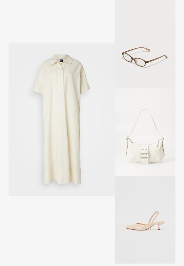 Rövid ujjú, galléros ruha világos krémszínű vászonból. Elöl gombos záródással és laza, földig érő siluettel rendelkezik.; Bézs színű lakkbőr slingback magassarkú cipők hegyes orral és vékony, négyzetes sarkú dizájnnal. Simább textúra és minimalista stílus, díszítések nélkül.; Barna teknős páncélmintás szemüveg, ovális lencsékkel, vékony szárakkal és átlátszó részletekkel. A templomon diszkrét logó található. Elegáns, könnyű dizájn.; Fehér válltáska texturált felülettel, középen csattogó részlettel és íves formával. Cipzáras záródás mindkét oldalon.