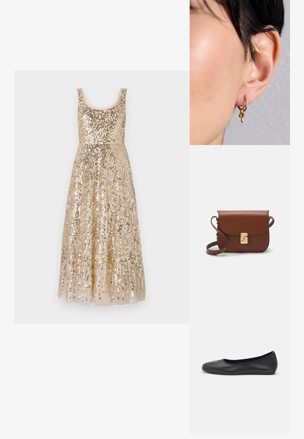 Beige flitteres ruha kerek nyakkivágással, bonyolult mintázatokkal díszítve, testhezálló felső résszel, ami egy hosszú szoknyába folyik.; Fekete bőr balettcipő lekerekített orral, sima tekstúrával, minimális varrással és rugalmas talp kialakítással.; Barna bőr kézitáska, hajtókás zárással, arany színű fém kiegészítőkkel, vállpánttal és sima felülettel. Kompakt téglalap alakú.; Arany hoop fülbevaló organikus, folyékony formával, texturált díszítésekkel és sima felülettel, átdöfött fülön viselve.